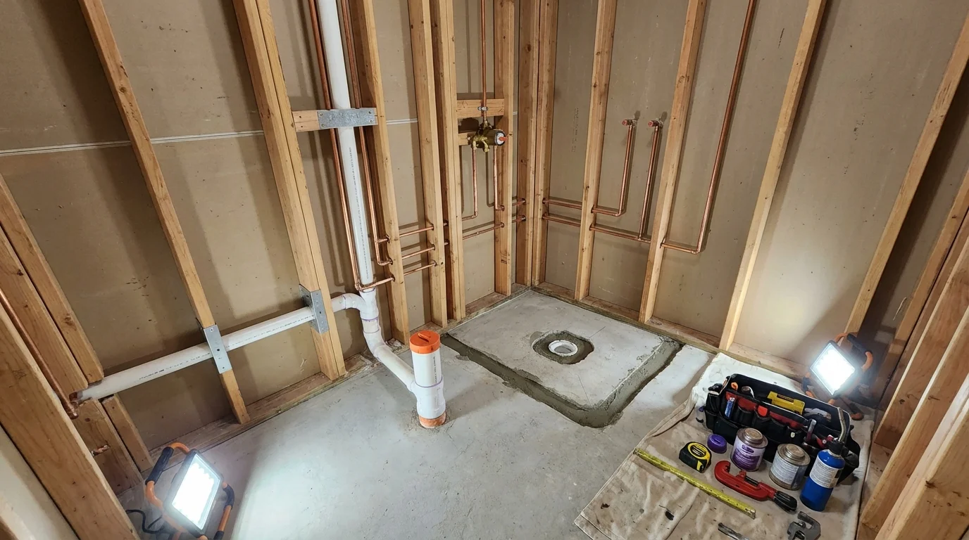 Bathroom rough-in plumbing during remodel by Johns Plumbing LLC in Bellefontaine