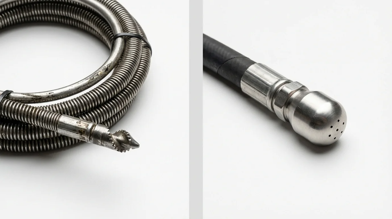 Drain snake cable and hydro jetting nozzle used for drain cleaning in Bellefontaine, OH