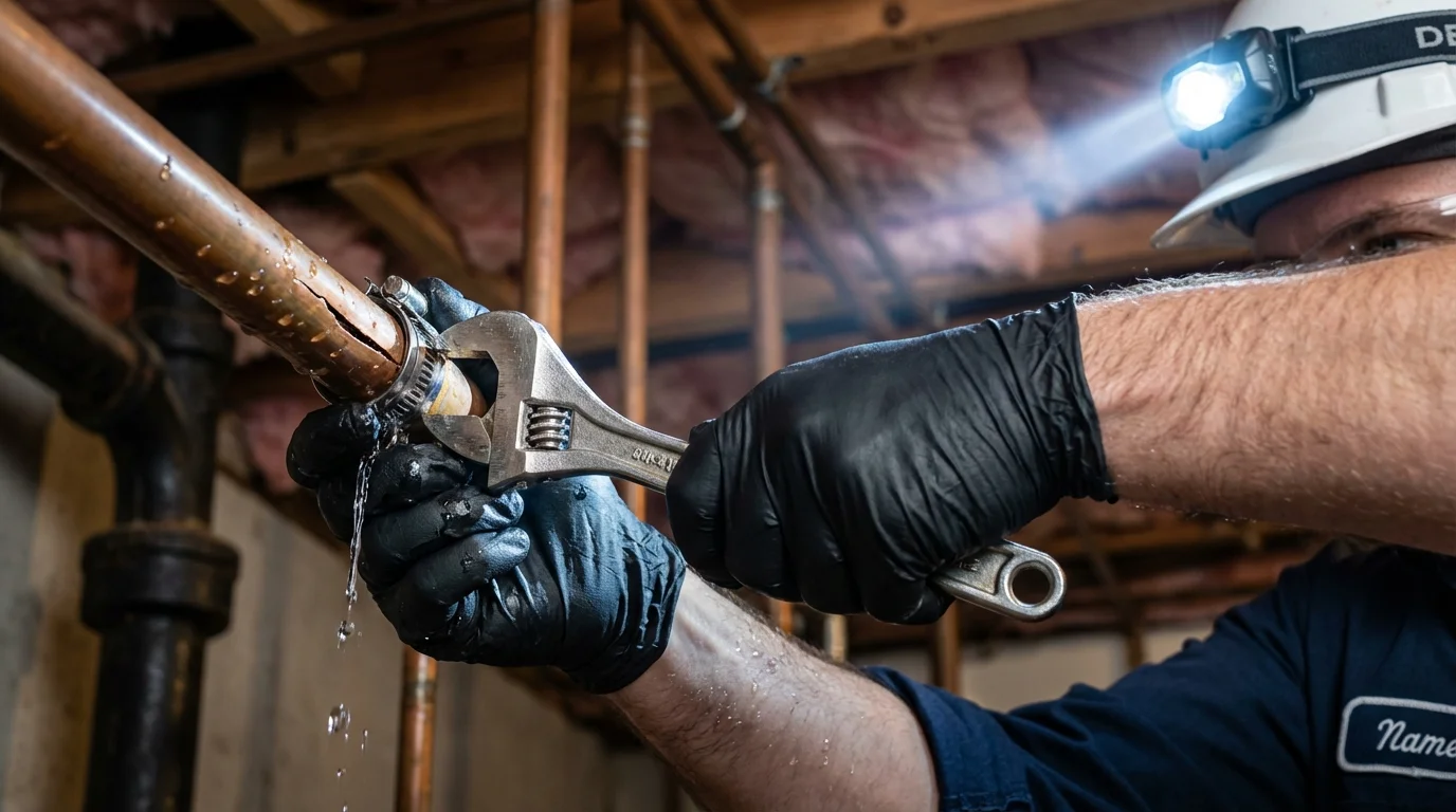 Emergency pipe clamp repair being performed by a Johns Plumbing LLC plumber in Bellefontaine