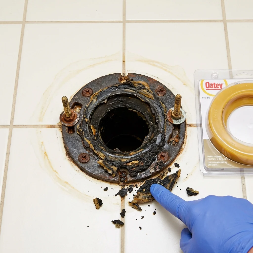 Failed wax ring showing water seepage at the base of a toilet in a Bellefontaine, OH home