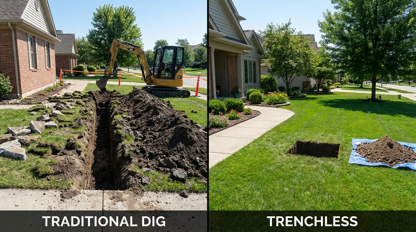 Trenchless sewer repair with minimal yard damage versus traditional excavation in Bellefontaine, OH