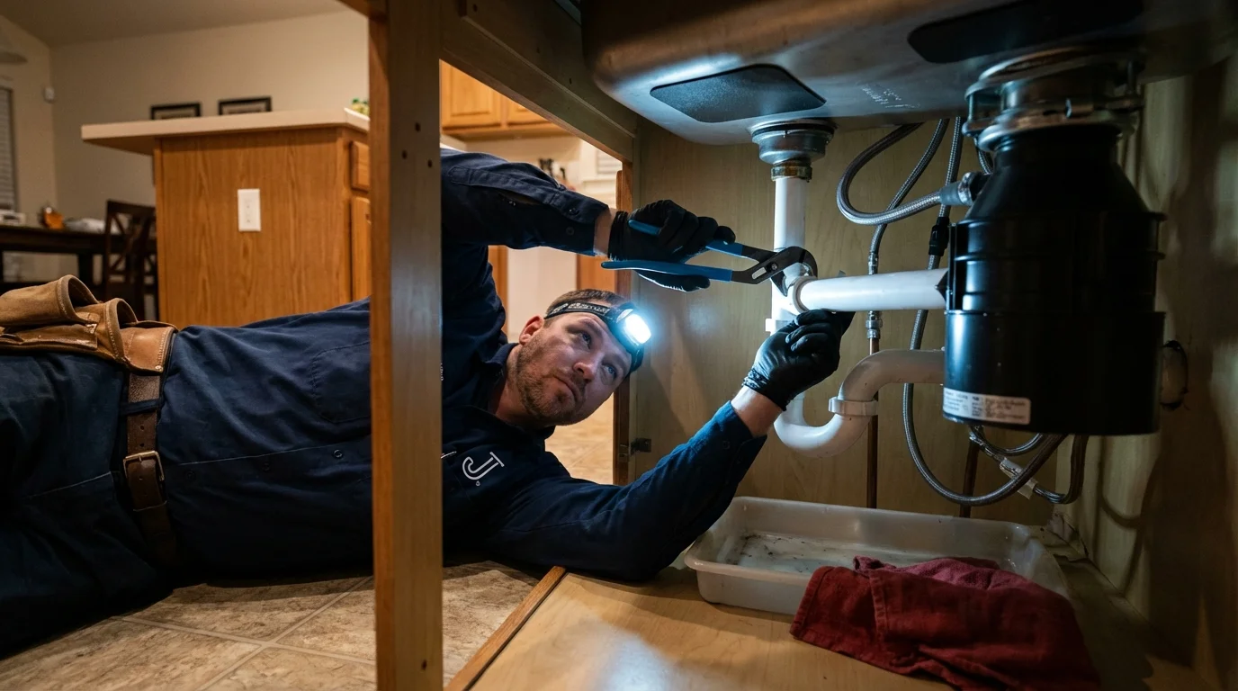 P-trap and supply line connections under a kitchen sink showing a common leak point in Bellefontaine, OH